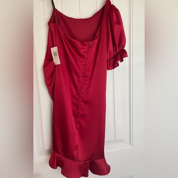 B Darlin Cranberry Red One Shoulder Puff Sleeve Ruched Satin Semi Formal Dress - Picture 4 of 7